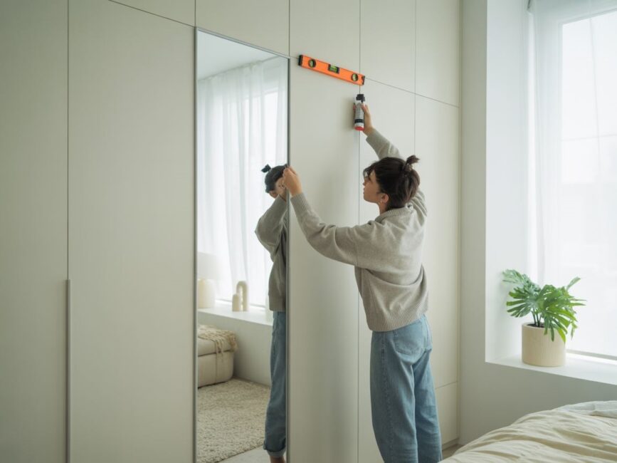 osoba przyklejająca lustro do drzwi