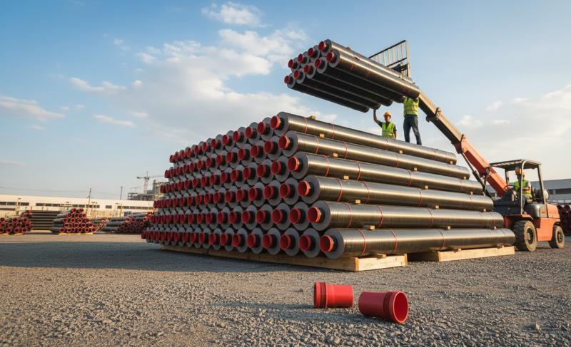 Rury preizolowane stalowe składowane na placu budowy